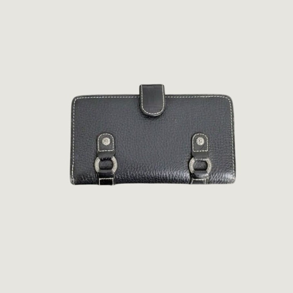 Brighton‎ Black Grained Leather Kiss Lock Bifold Organizer Wallet Silver Western